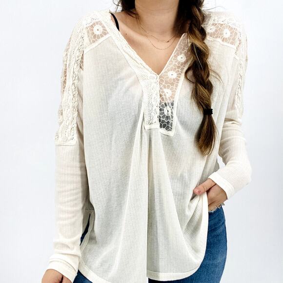 Free People White Long Sleeve V-Neck Lace long sleeve top - Picture 8 of 8